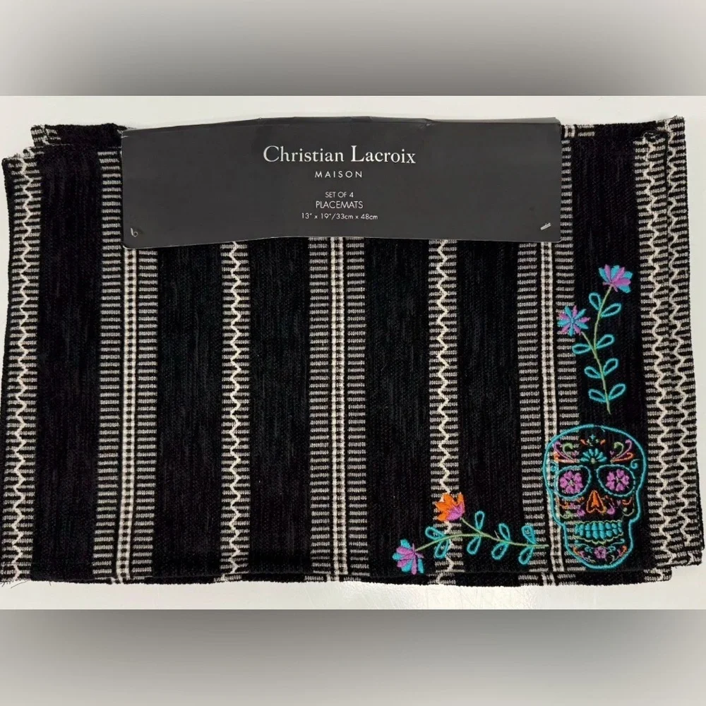 NEW Christian Lacroix Dia De Los Muertos Placemats 4pc Set 13x19 Skulls Day Dead